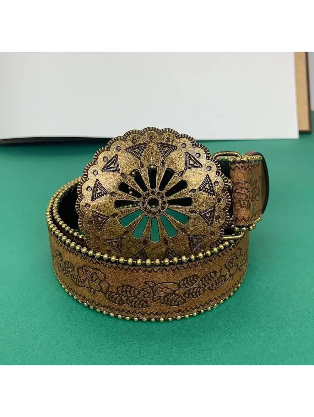 Y2k style American Western Belt Buckle vintage style floral gold beaded boho - Picture 6 of 8
